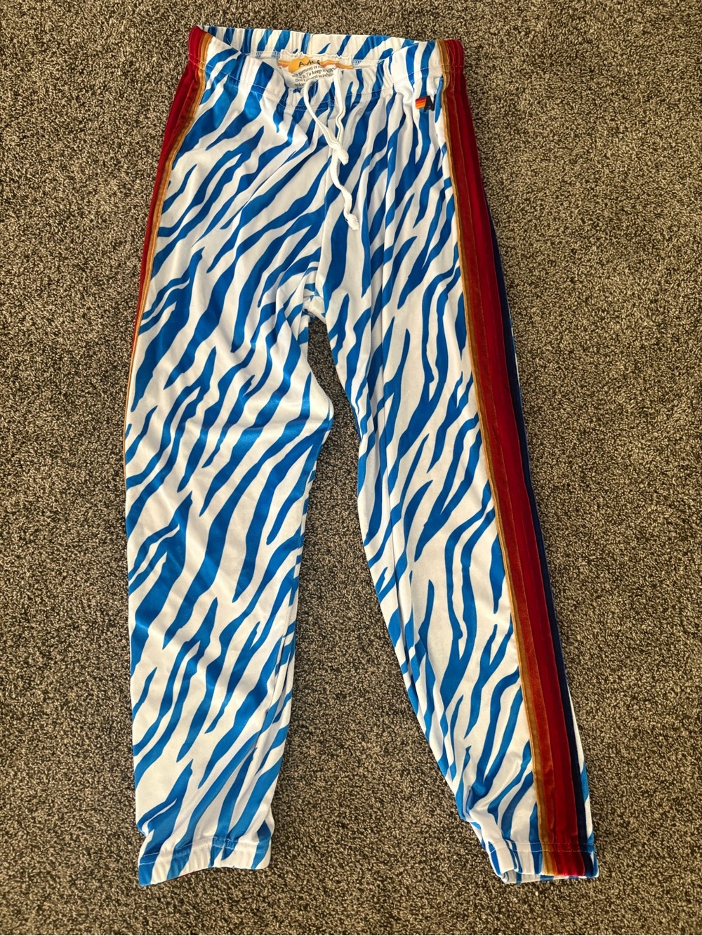 Aviator Nation Blue Zebra sweatpants  with Rainbow Side Stripe velour material